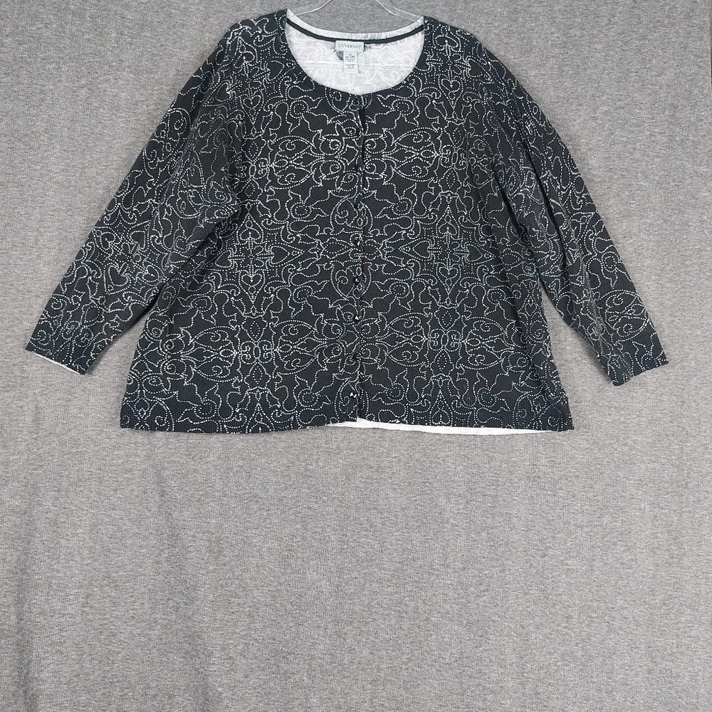 CATHERINES WOMENS BLACK WHITE FLORAL GEOMETRIC DEMASK LONG SLEEVE CARDIGAN SZ 3X